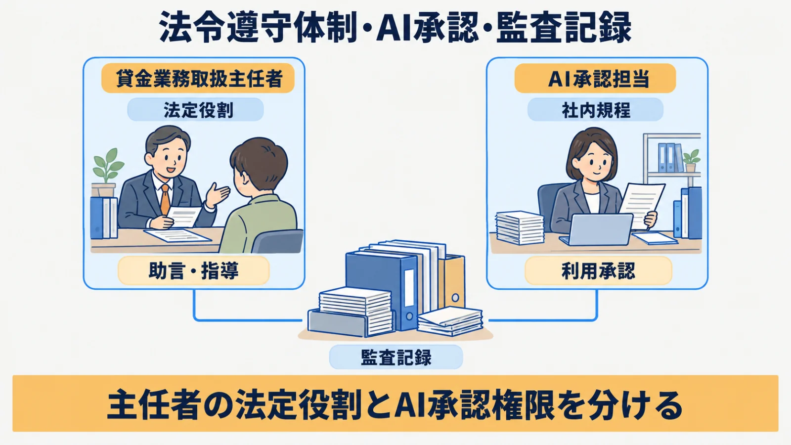 貸金業務取扱主任者の法定役割とAI承認担当・監査記録を分ける対応図