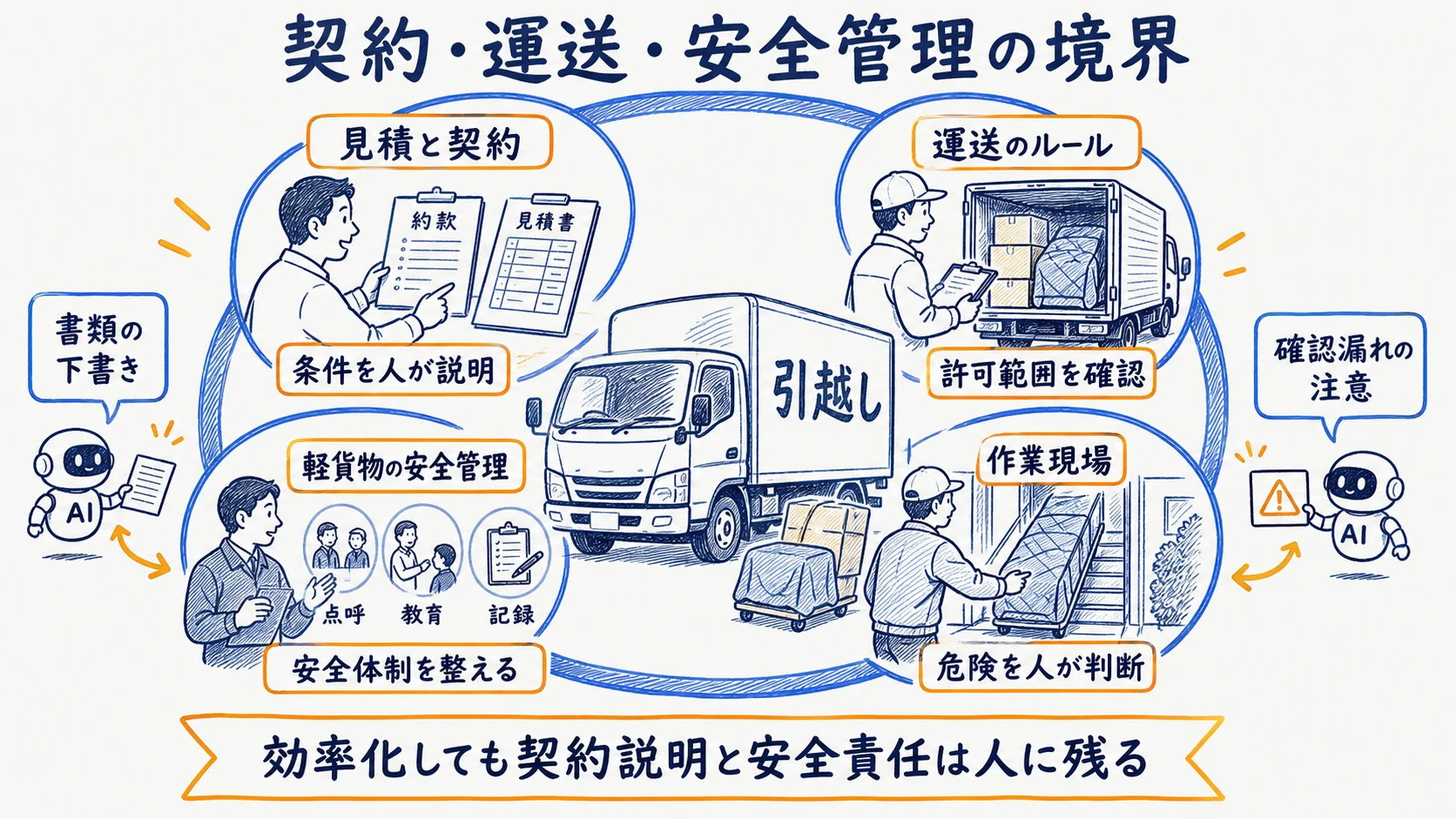 引越しの契約説明・安全運行・個人情報で人の責任を残す図