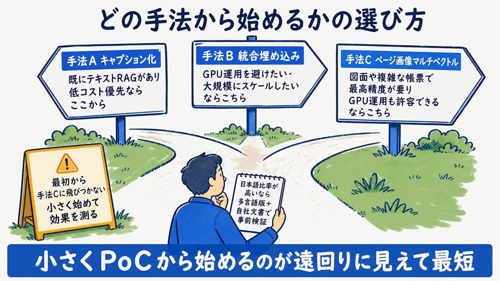 コスト・精度・日本語・スケールで3手法を選び分ける指針の図