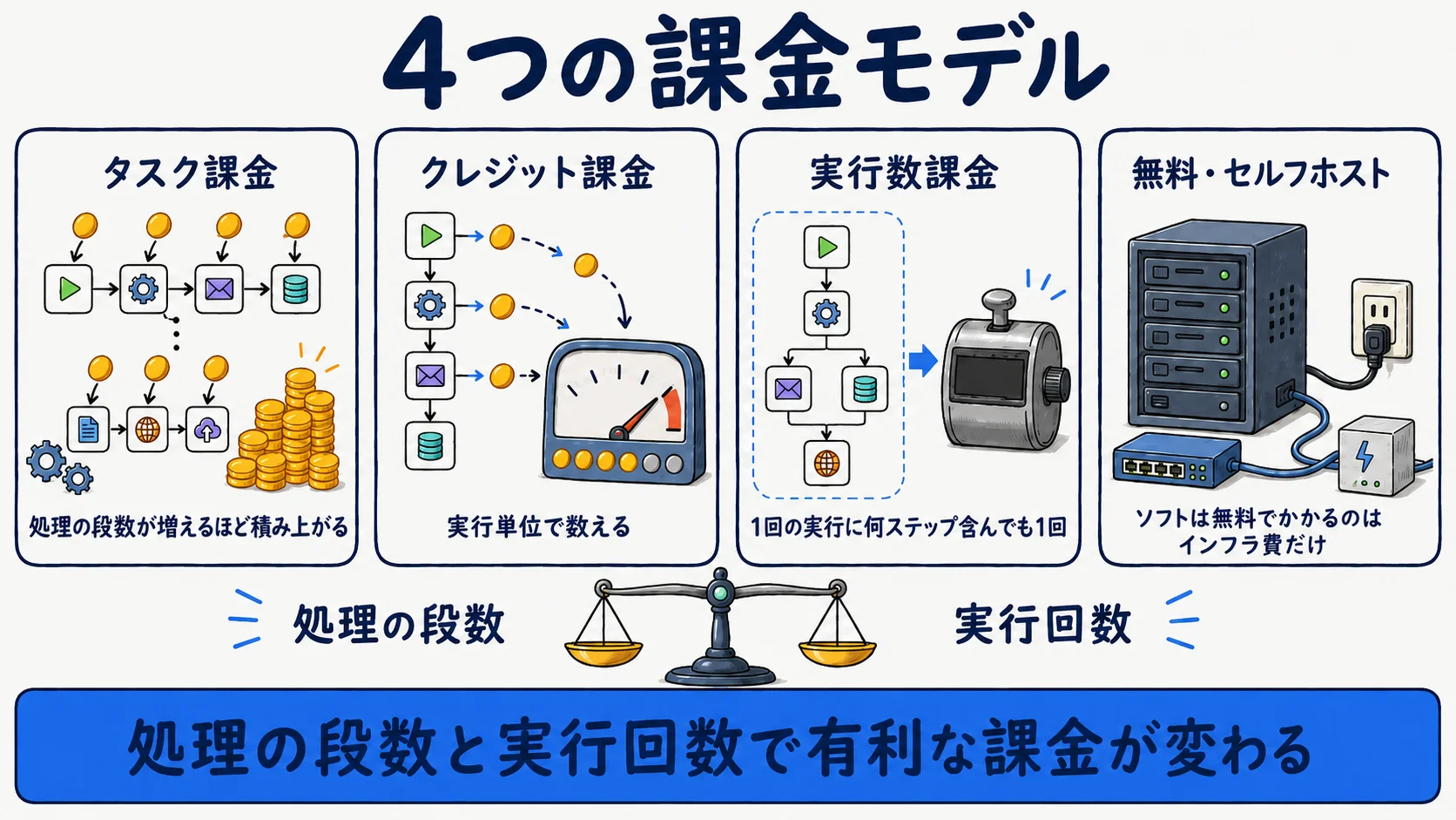 自動化ツールの4つの課金モデル(タスク課金・クレジット課金・実行数課金・無料/セルフホスト)を対比した図解