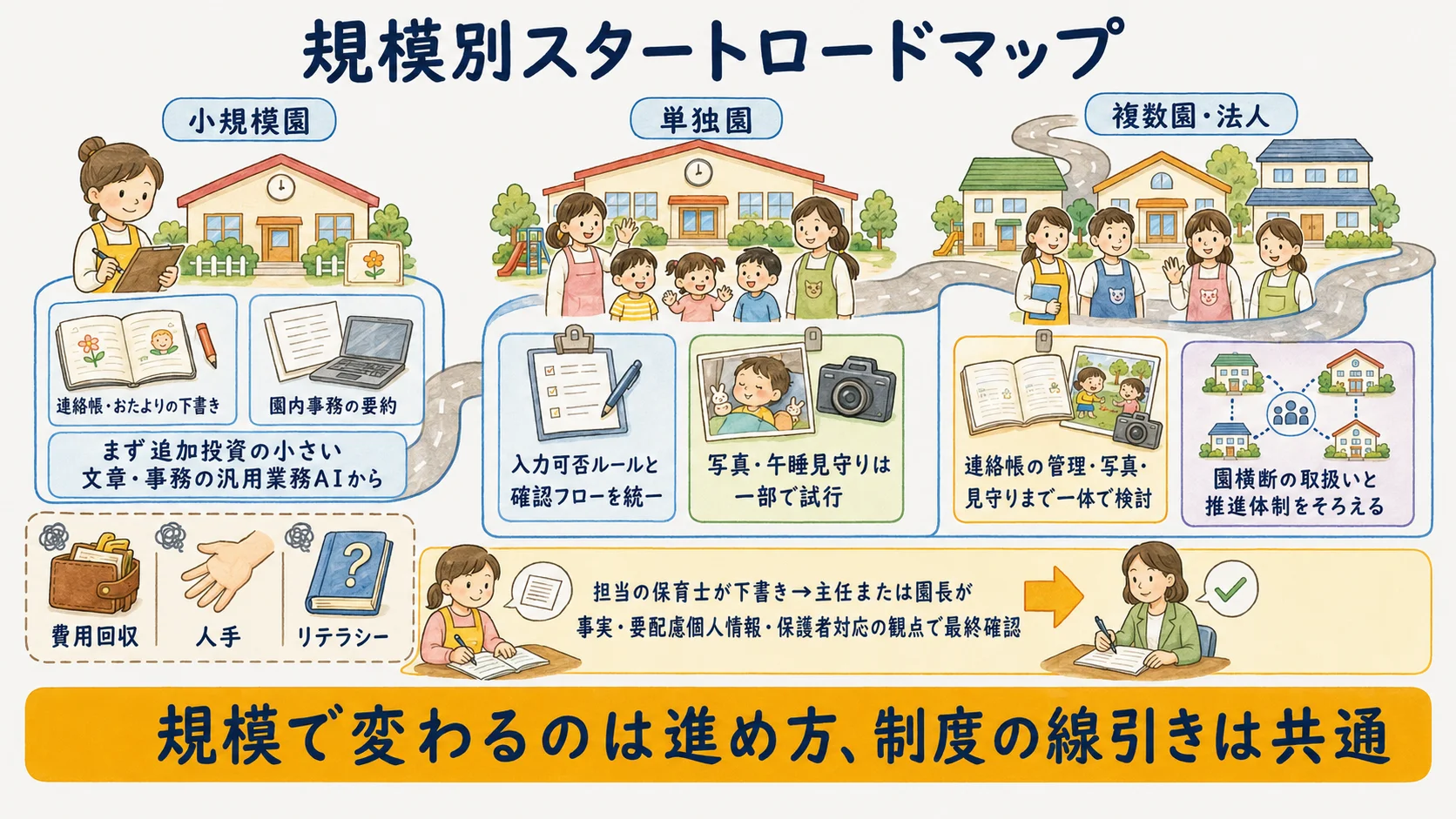 保育園の規模別スタートロードマップ：小規模園・単独園・複数園法人それぞれの着手順と頓挫しやすいパターンを示す図