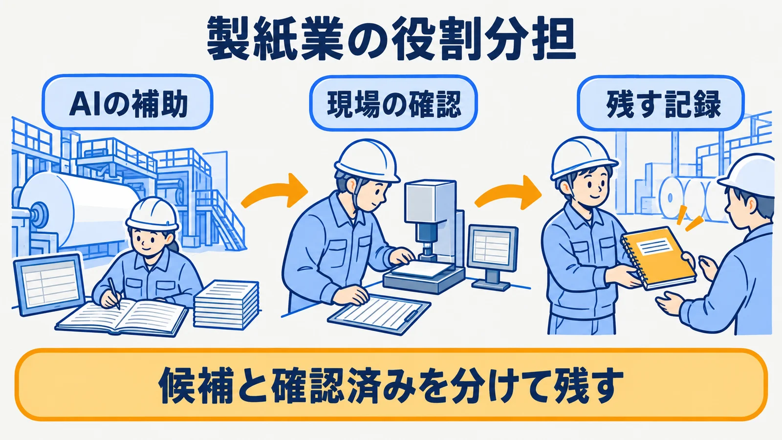 抄紙機、ロール紙、操業日誌、引継ぎノートを使う役割分担表