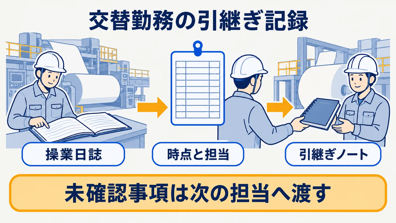 操業日誌から引継ぎノートへ時点と担当をつなぐフロー