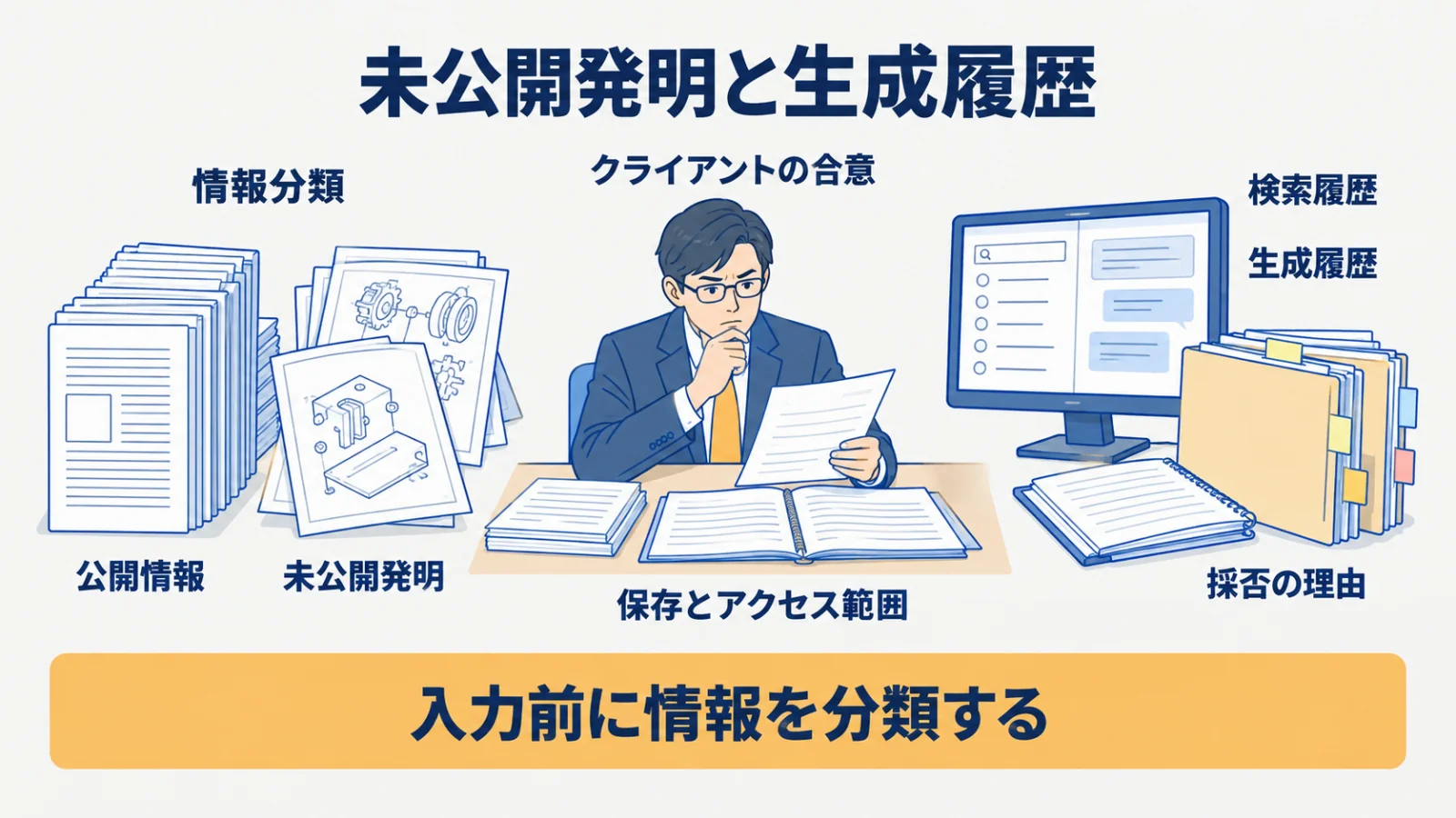 未公開発明の情報分類・合意・アクセス・生成履歴を分ける管理図