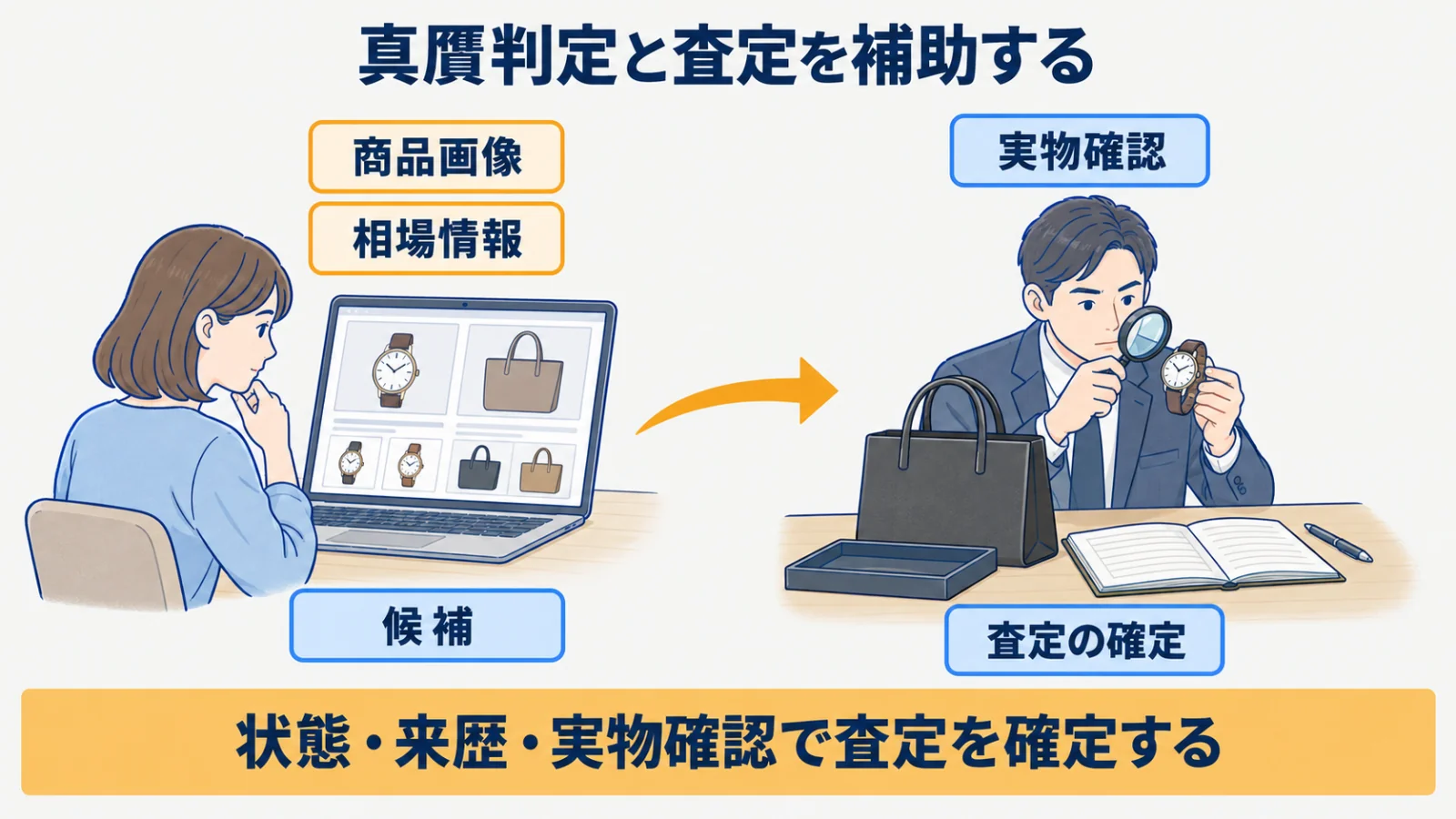商品画像と相場の候補をルーペによる実物確認へつなぐ役割図