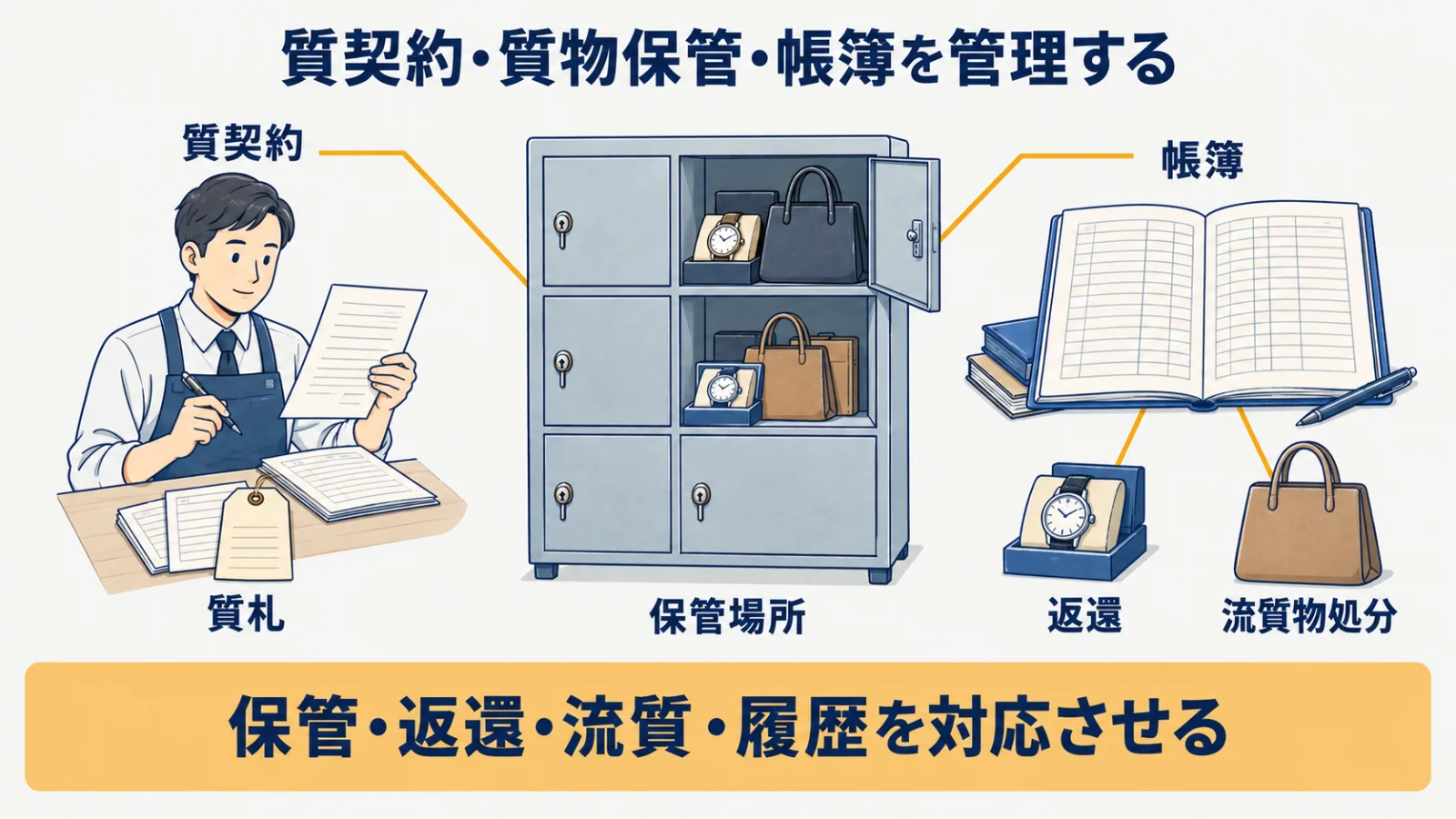質契約・質札・保管場所・帳簿と返還履歴を対応させる図