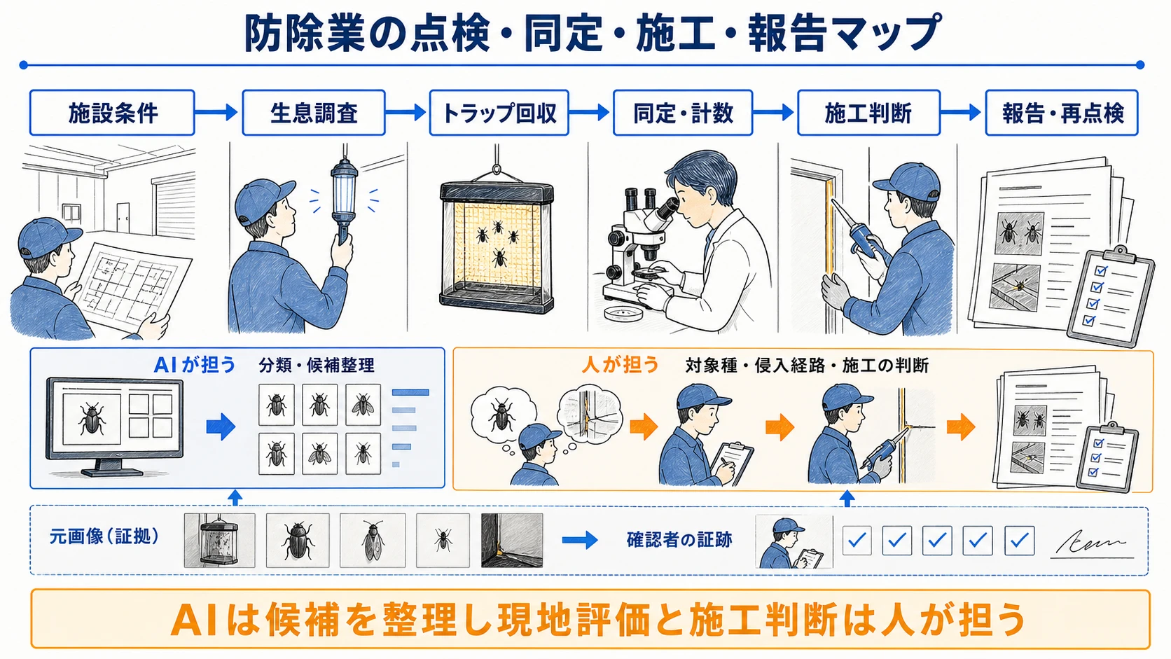 防除業の点検・同定・施工・報告の全体図