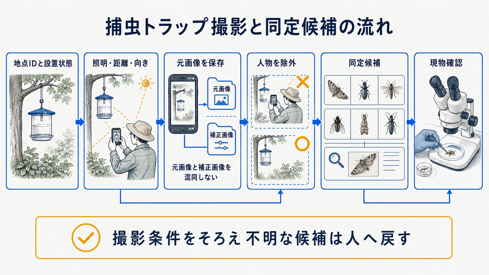 捕虫トラップの撮影から同定候補までの流れ