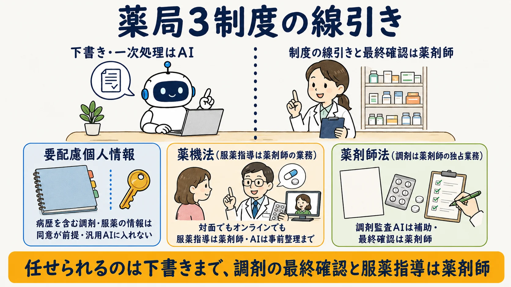 薬局3制度の線引き：調剤・服薬情報は要配慮個人情報、服薬指導は薬剤師の業務（薬機法）、調剤は薬剤師の独占業務（薬剤師法）の関係を整理した図
