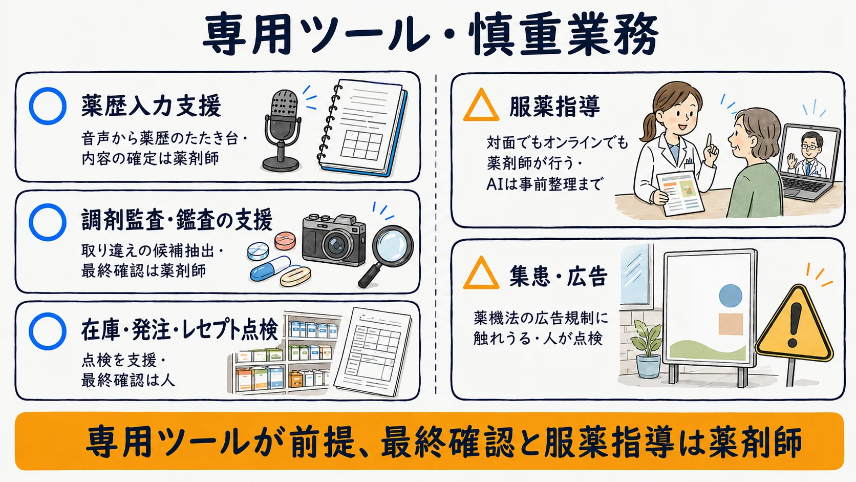 薬局で専用ツールが要る業務と慎重に扱う業務：薬歴入力支援・調剤監査・在庫レセプト・服薬指導・集患広告の注意点を示す図