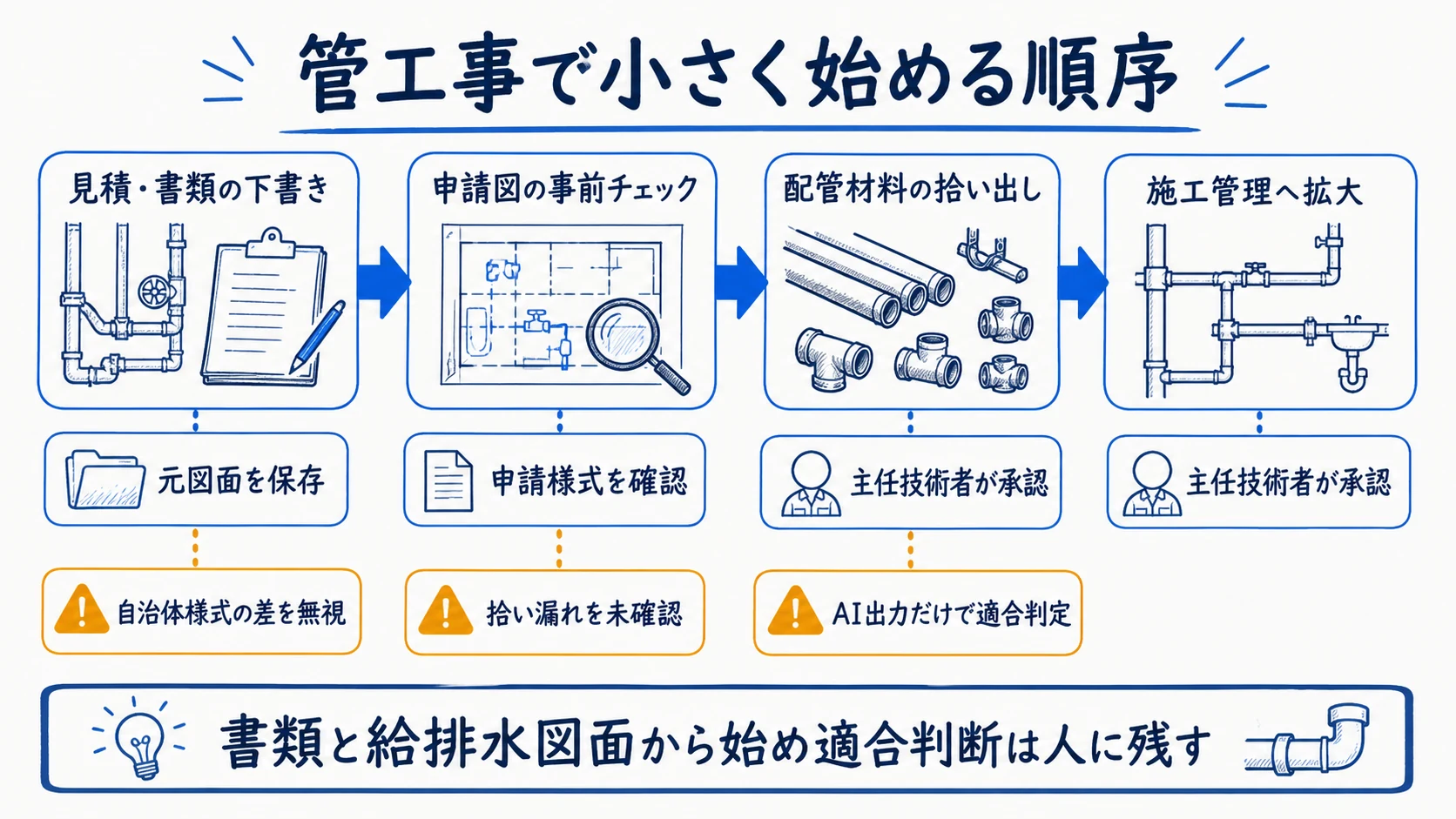 管工事AIを書類から図面・施工管理へ広げる導入フロー図