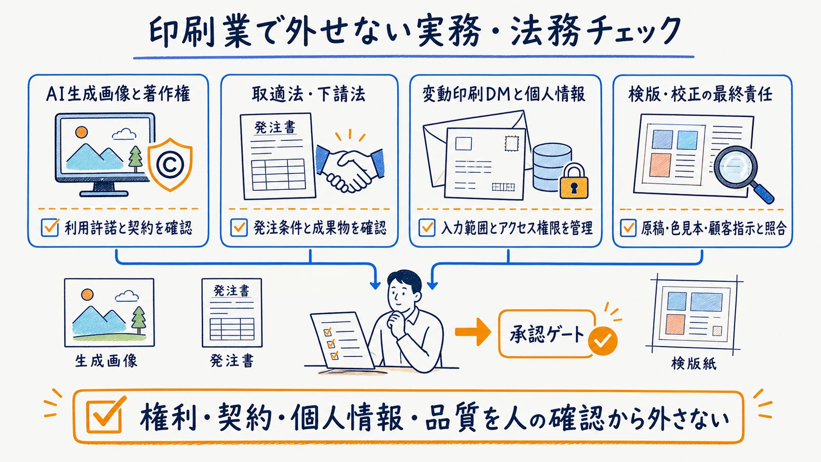 印刷業の著作権・取引適正化・個人情報・検版責任を分ける図