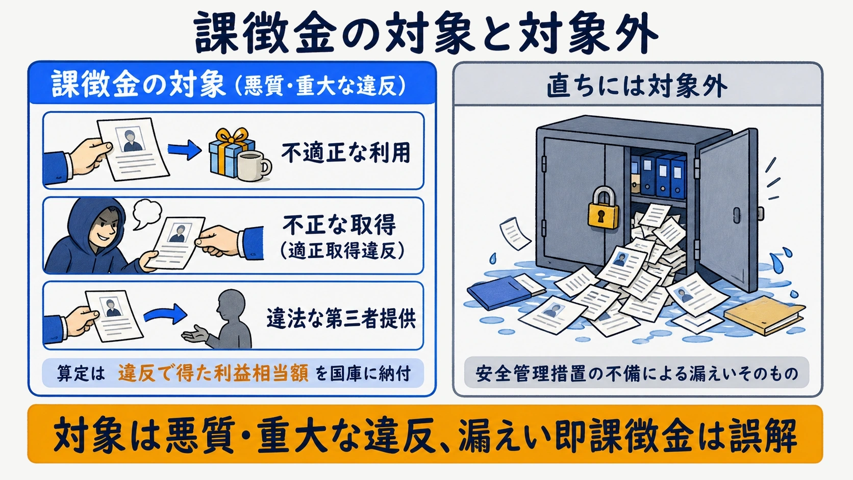 課徴金の対象となる4類型と、漏えい事故との切り分けを整理した図解