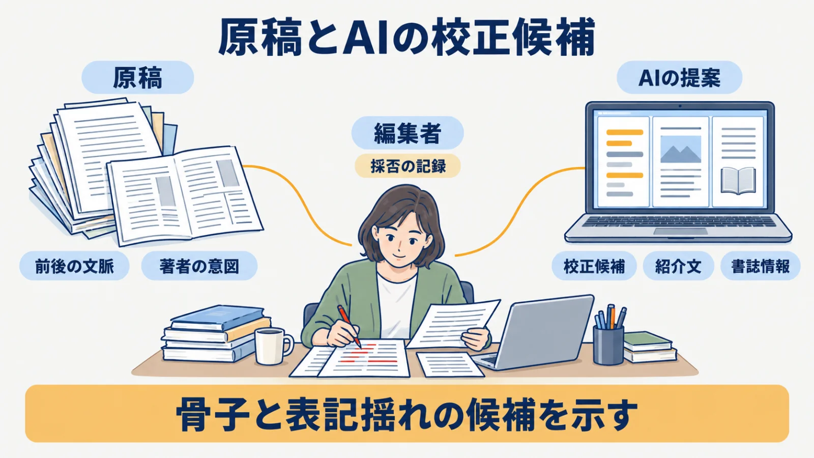 原稿とAIの校正候補・紹介文・書誌情報を差分で確認する図