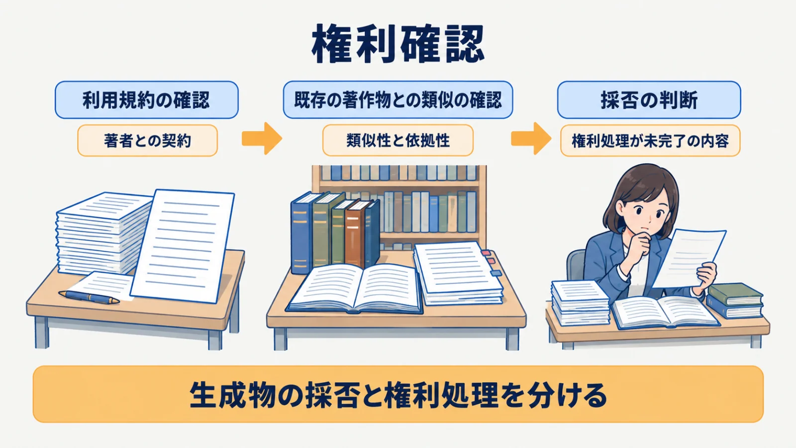 利用規約の確認から既存の著作物との類似の確認と採否の判断へ進む図