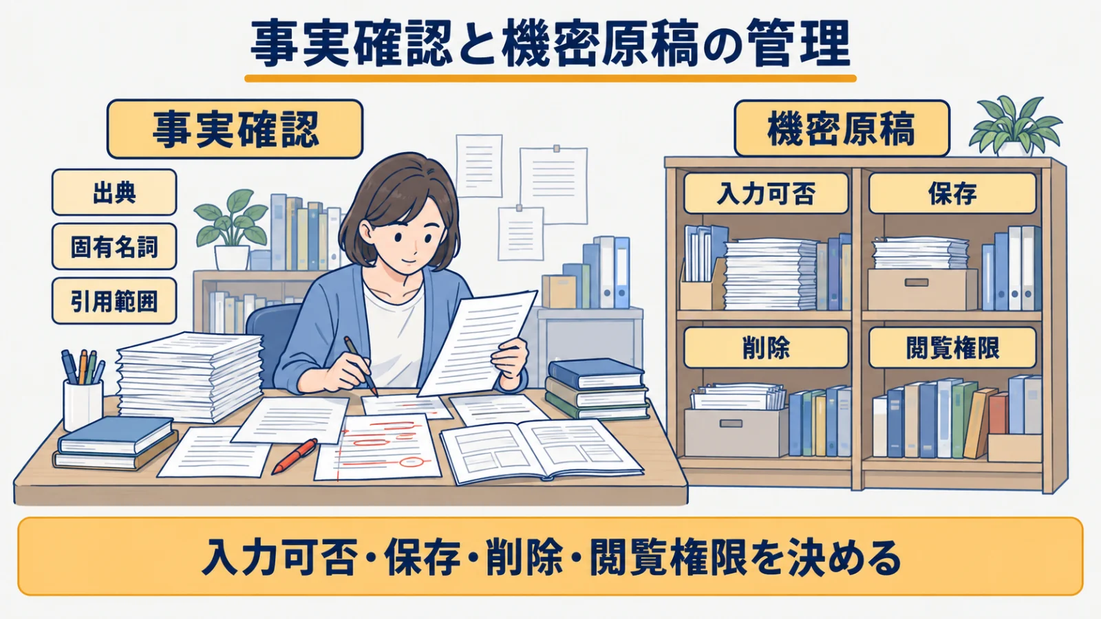 出典・固有名詞・引用範囲の照合と機密原稿のアクセス管理を分ける図