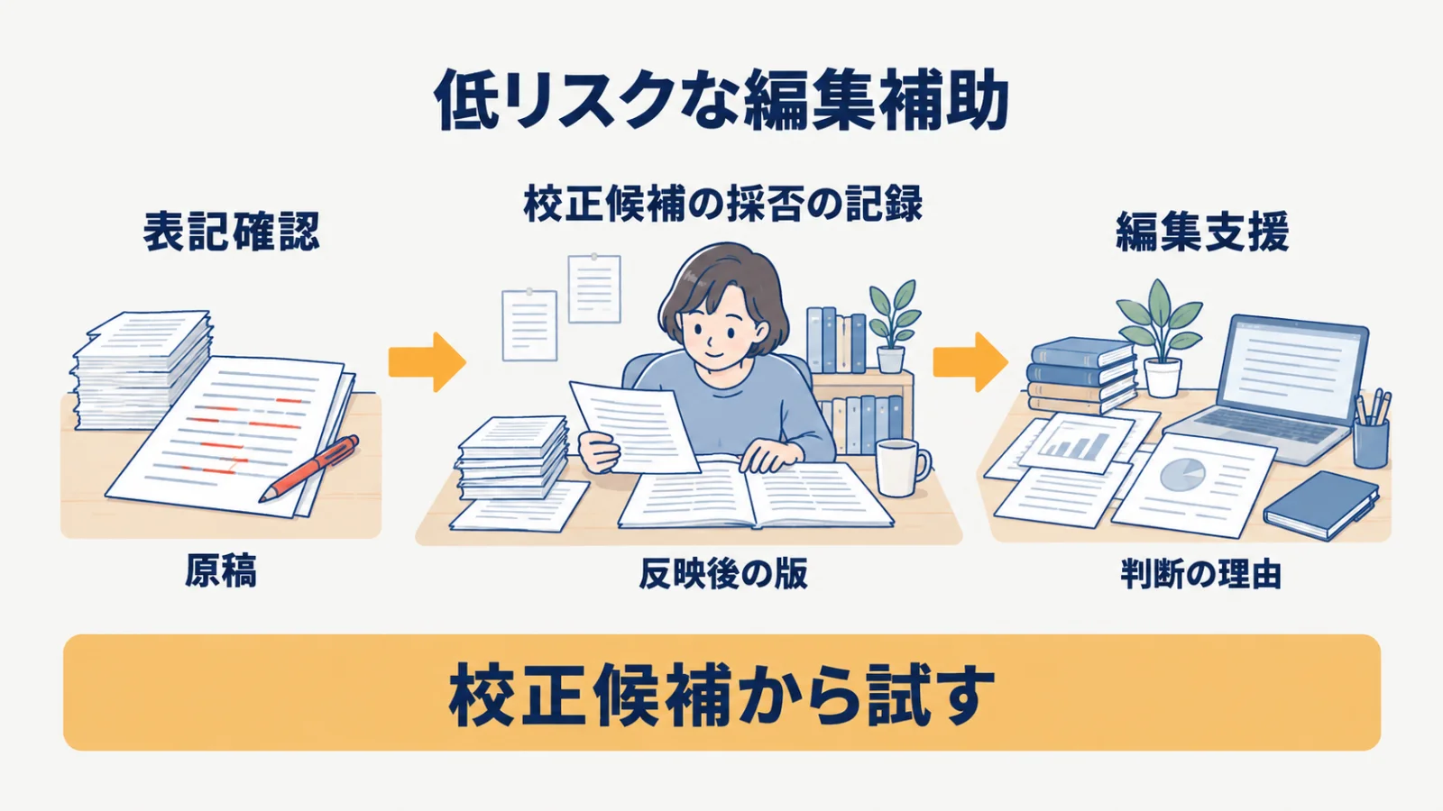 表記確認から校正候補の採否記録を経て編集支援へ広げる導入順