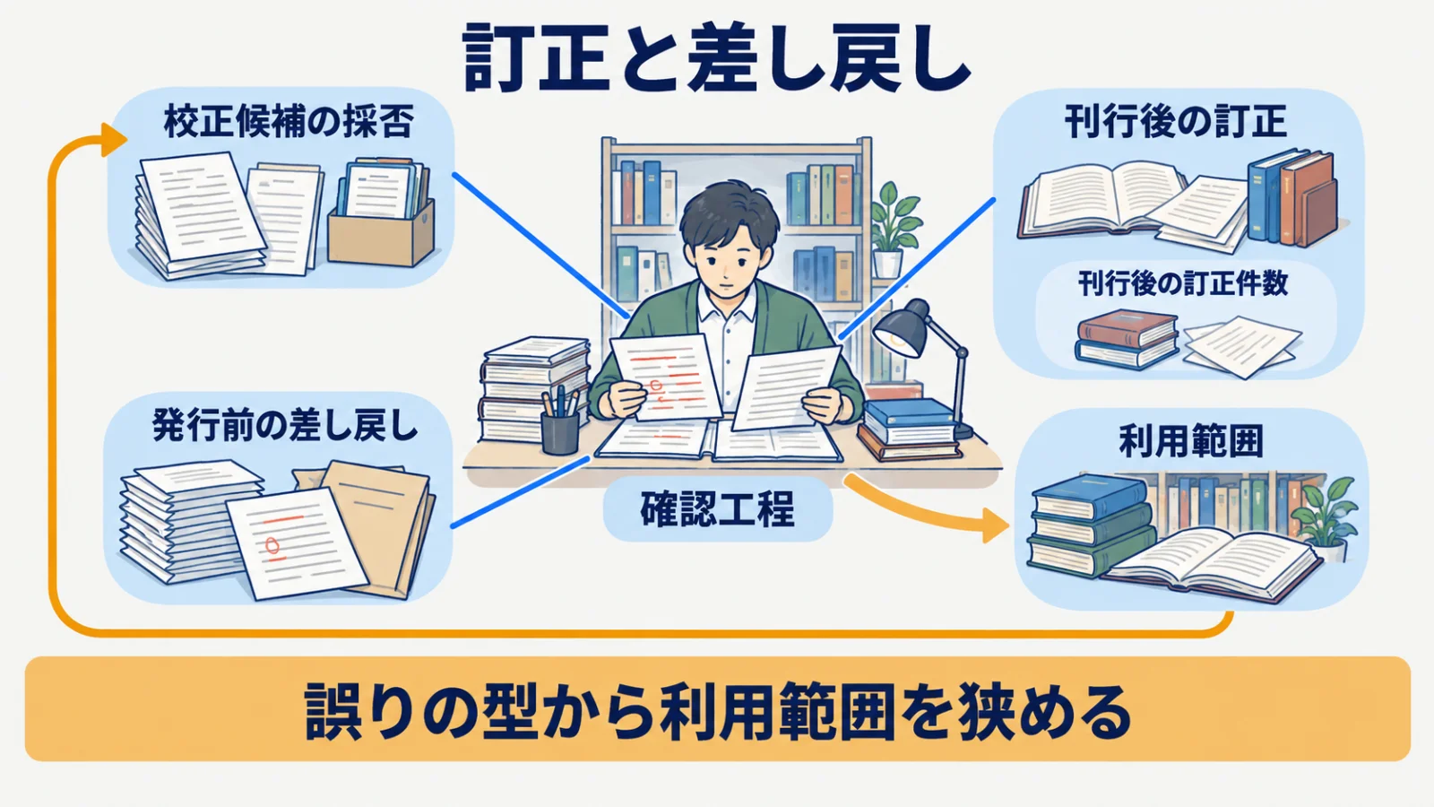 校正候補の採否・差し戻し・刊行後の訂正から利用範囲を見直す循環図