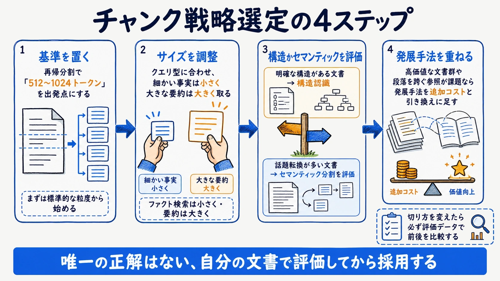文書型とクエリ型から基本手法と発展手法を選ぶ4ステップの選定フロー図