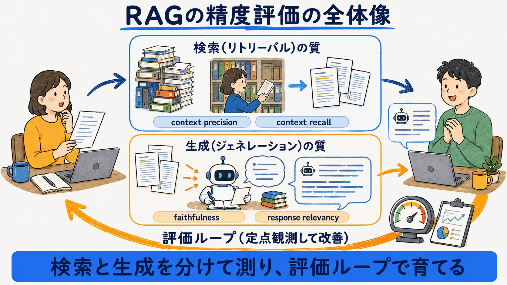 RAGの精度評価の全体像：検索層と生成層を指標で測り改善ループに回す図