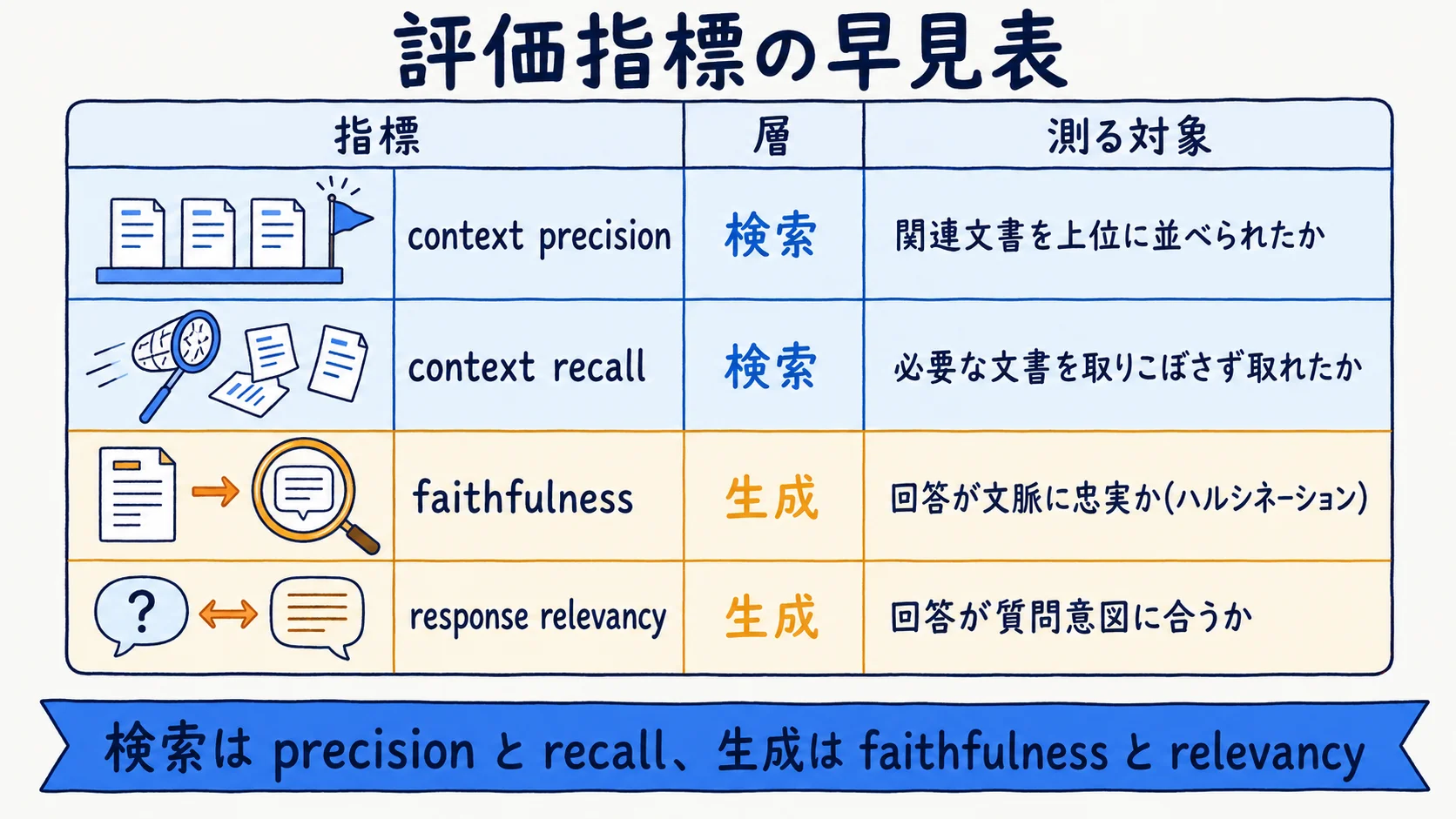 RAG評価指標の早見表：context precisionとcontext recall・faithfulness・response relevancyの意味とスコアの向き