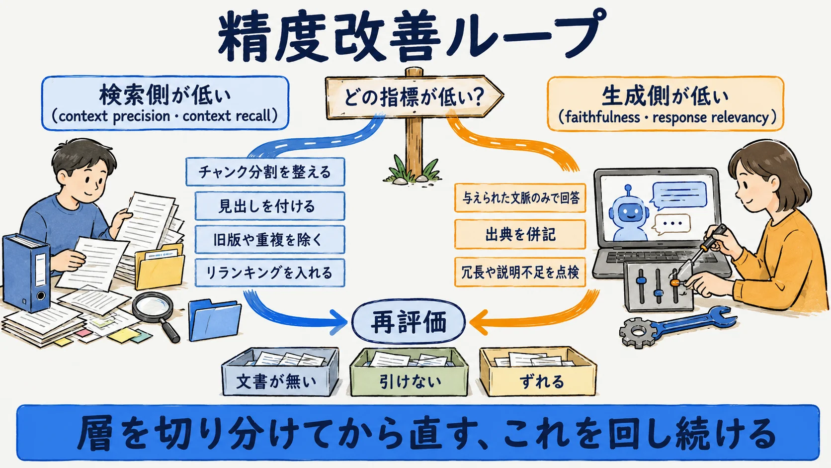 精度改善ループ：スコア低下の層を切り分け検索側と生成側の打ち手に振り分けて再評価する循環図