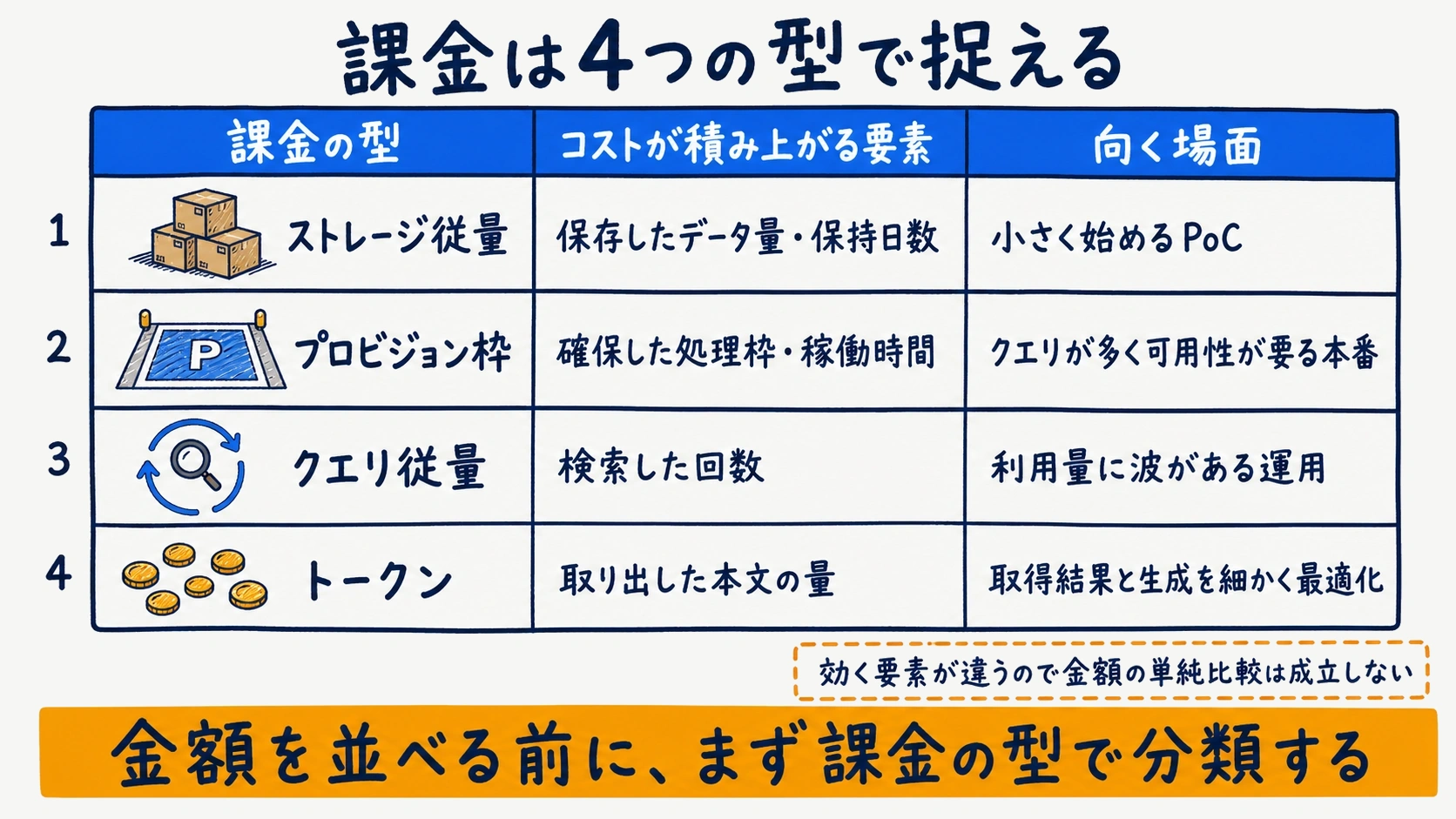 4サービスの課金モデル・コネクタ・データ所在を横断集計した比較マトリクスの図解