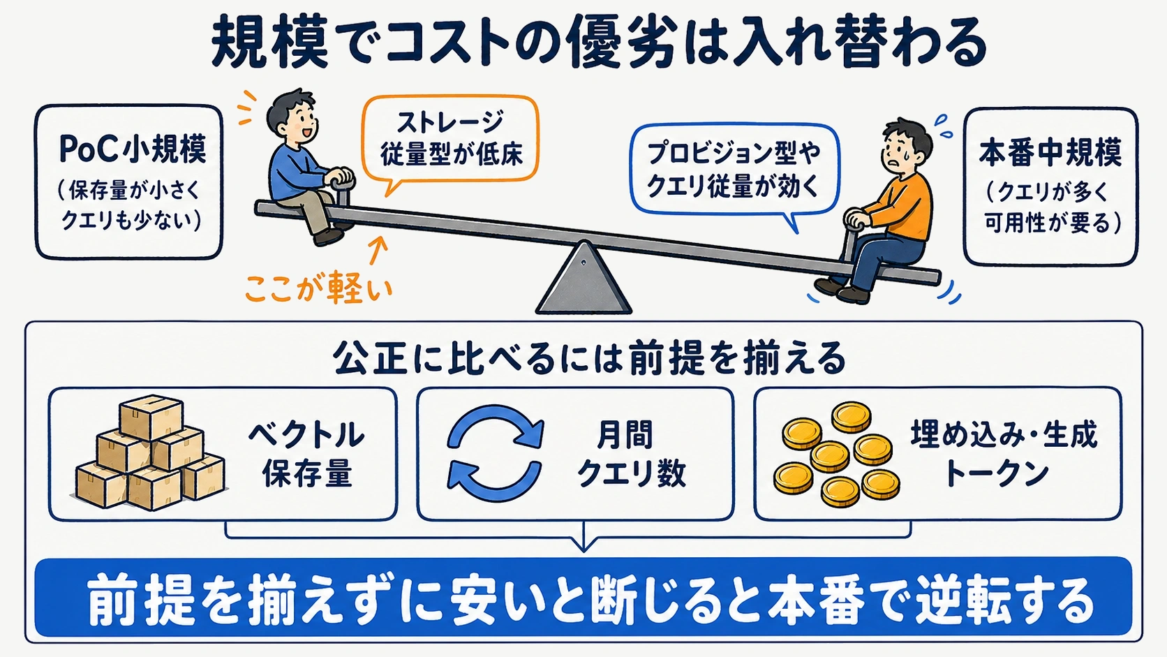 課金モデルの違いから規模別にコスト優劣が入れ替わる構造を示した図解