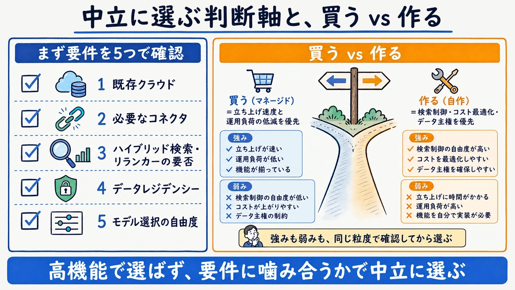 エコシステム・要件・買う対作るの判断軸を整理した中立チェックリストの図解