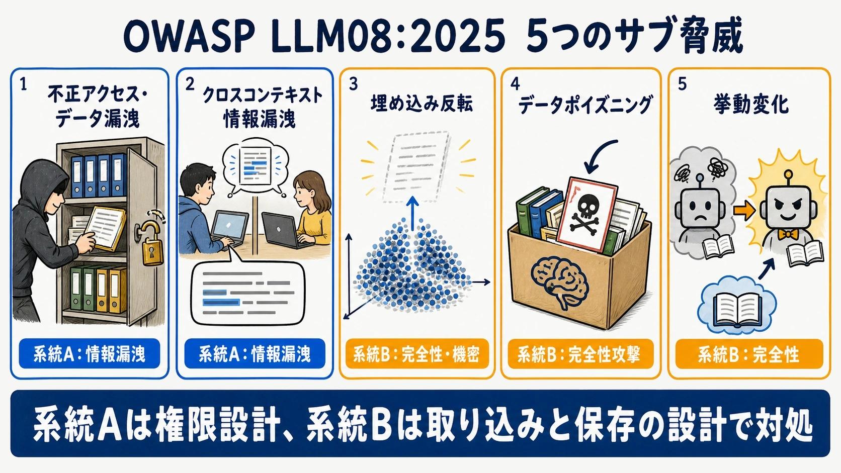 OWASP LLM08:2025が挙げるベクトルと埋め込みの5つのサブ脅威を一覧で示した図