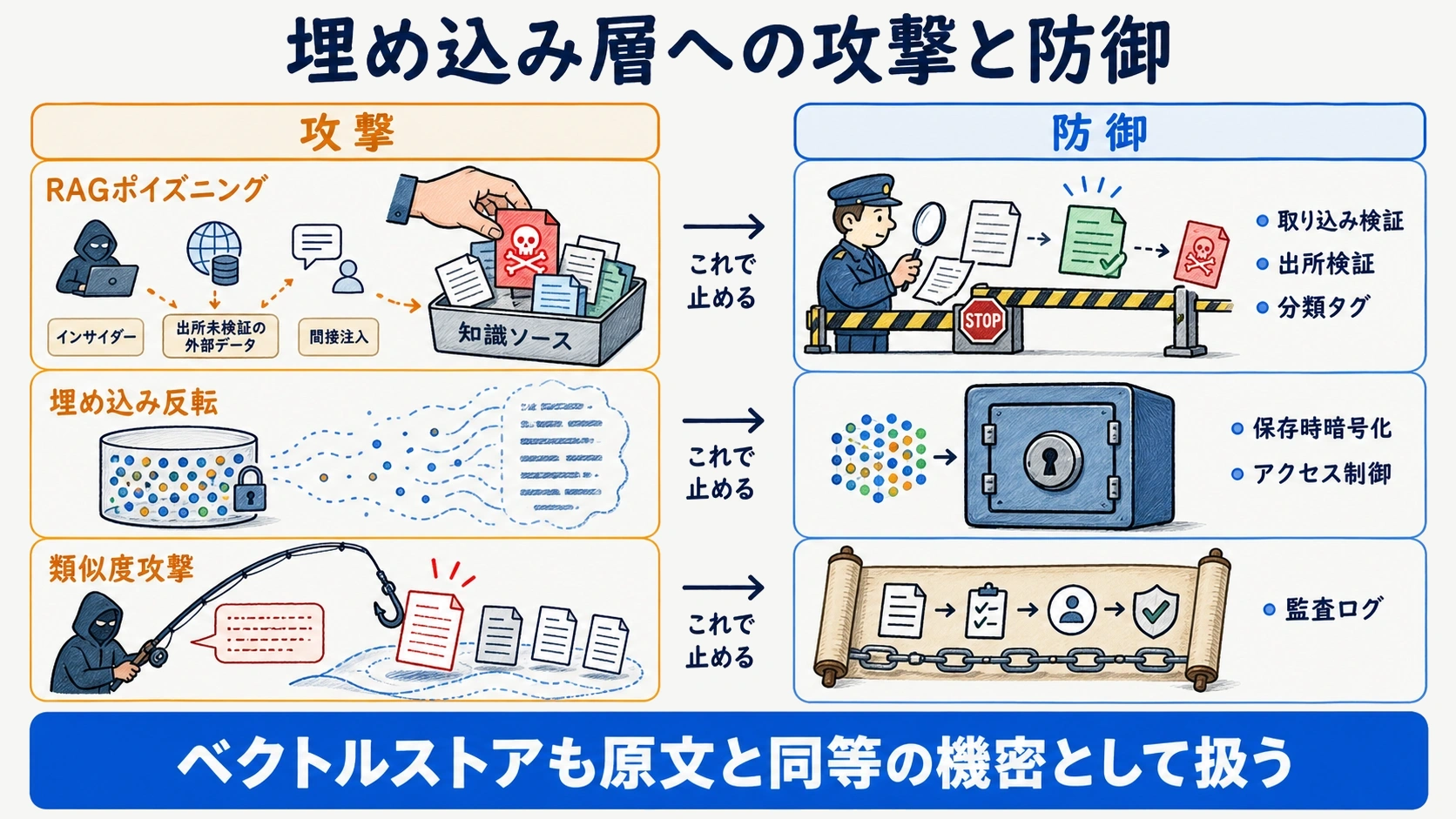 RAGポイズニングと埋め込み反転による埋め込み層への攻撃と防御策を示す図