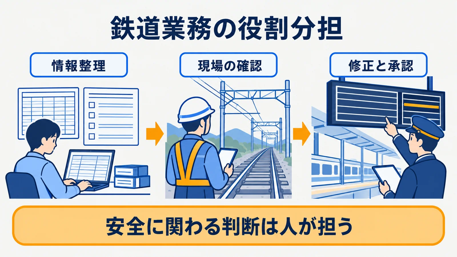 線路、架線、運行ダイヤ表、点検記録を使う鉄道業務の役割分担表