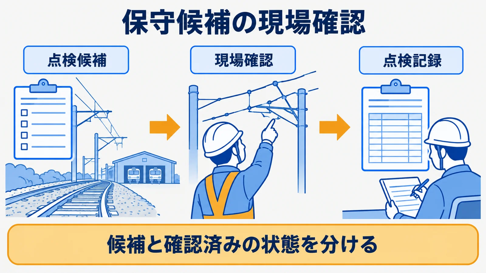 線路と架線の点検候補から現場確認、点検記録へ進む流れ