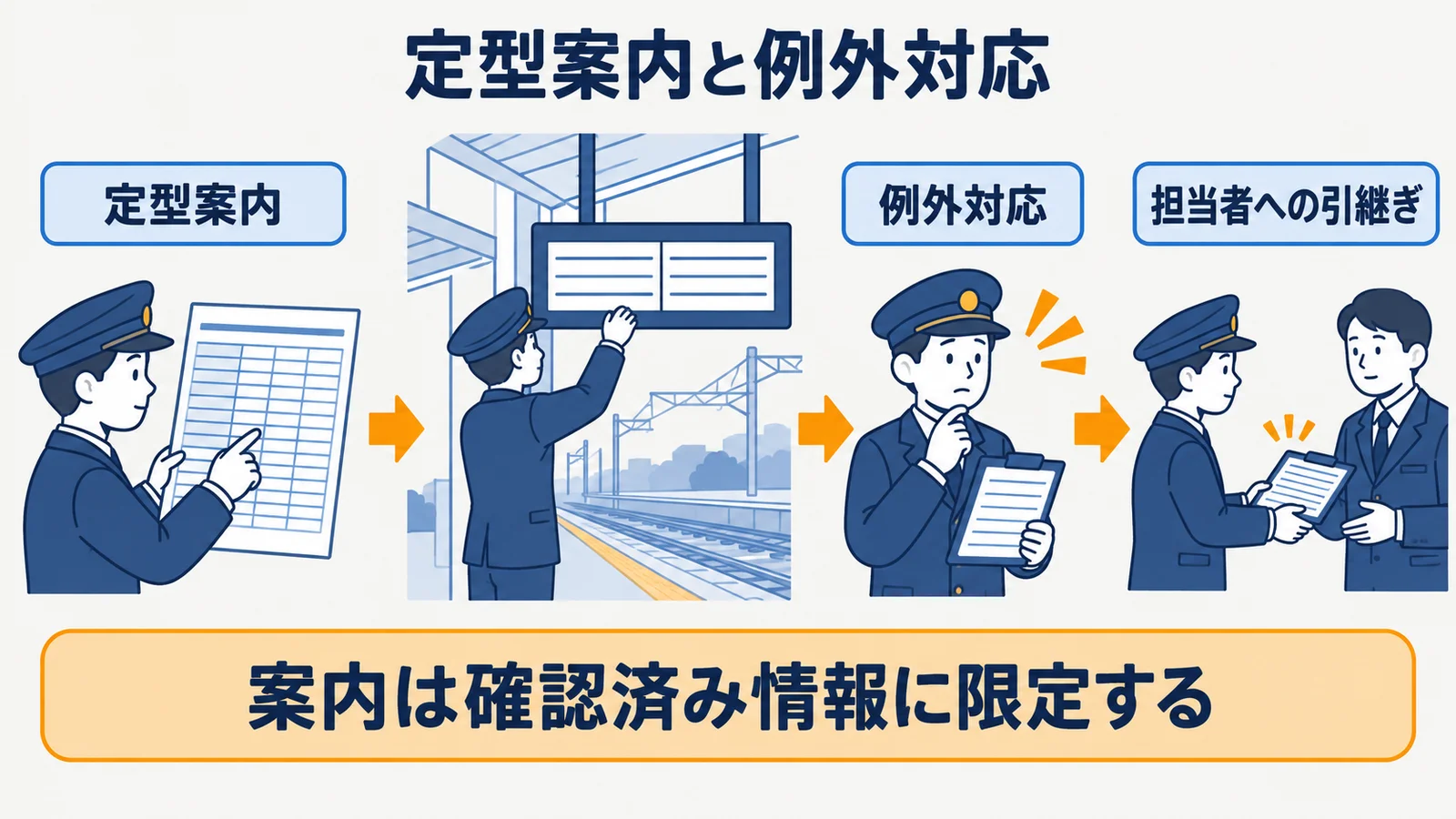 駅の案内表示を定型案内と担当者の例外対応に分ける分岐図