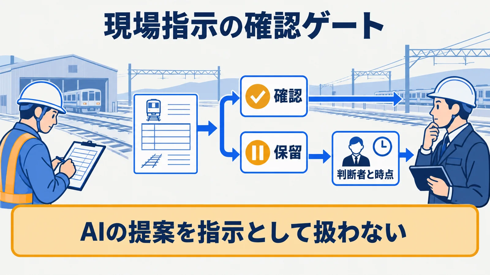 点検記録の提案を確認、保留、担当者への引継ぎに分ける分岐図
