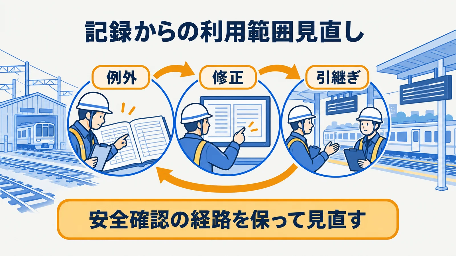 点検記録の修正、例外、保留、引継ぎを見直す循環図