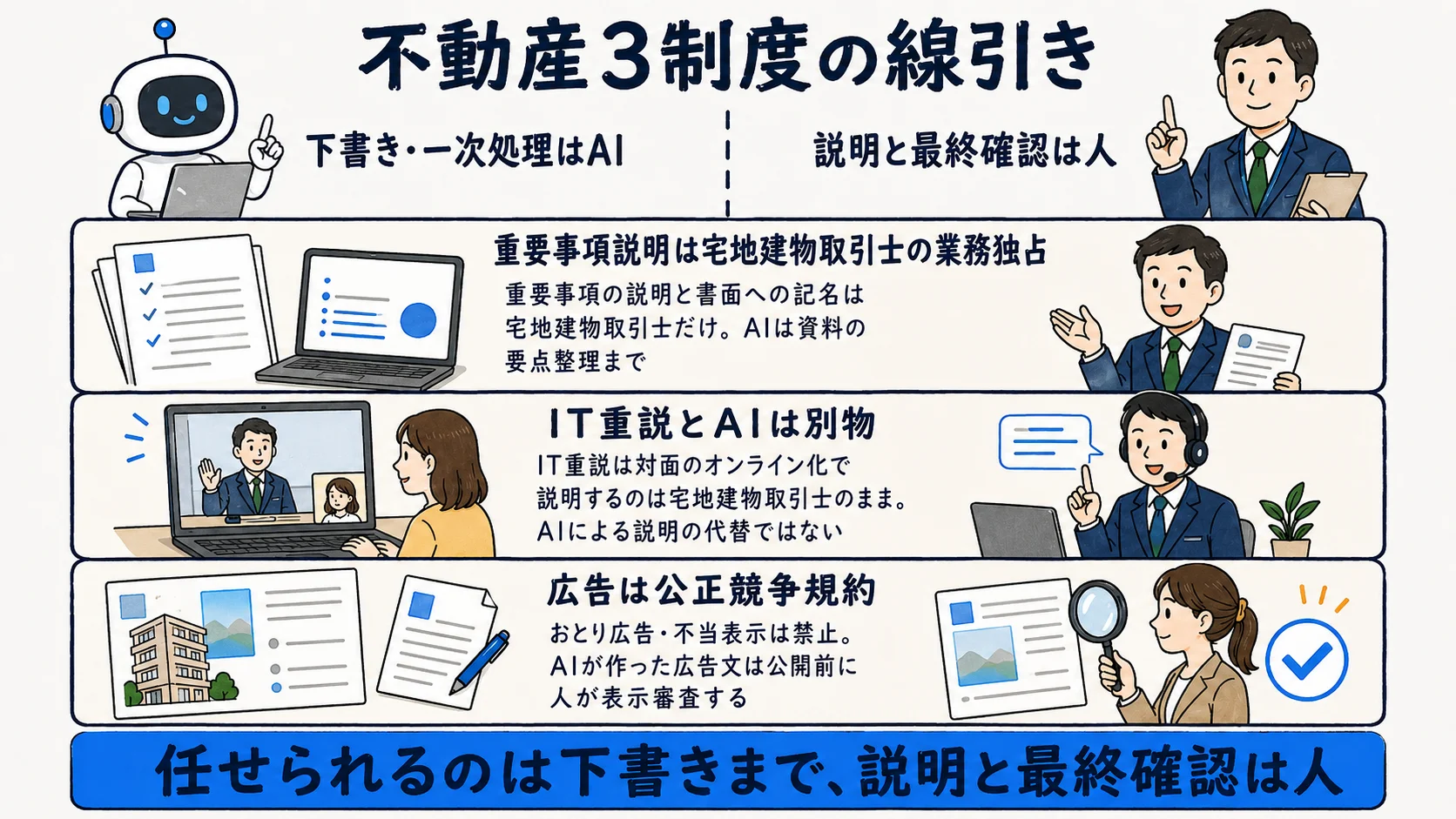 不動産3制度の線引き：重要事項説明は宅地建物取引士の業務独占・IT重説とAIの違い・公正競争規約の関係を整理した図
