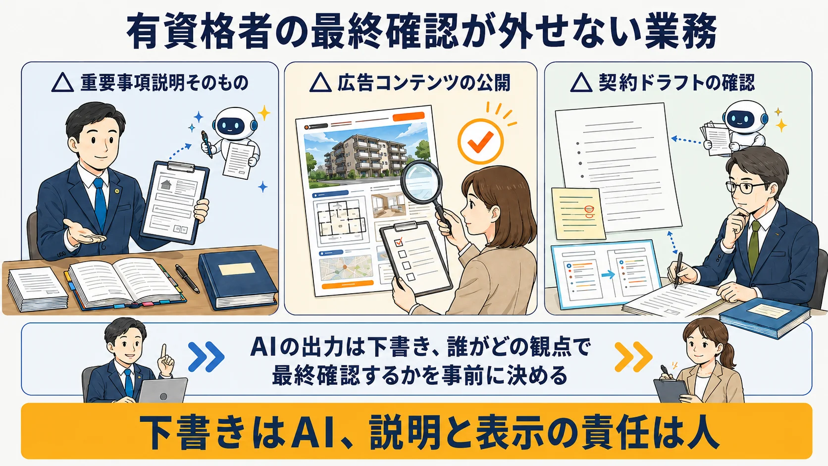 不動産業で有資格者の最終確認が外せない業務：重要事項説明そのもの・広告表示の最終責任・契約ドラフトの確認を示す図