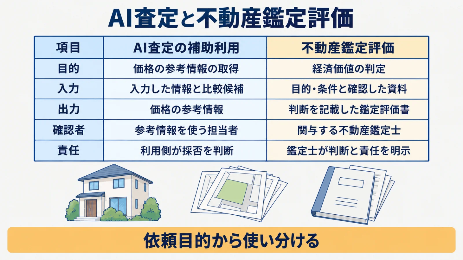 AI査定と鑑定評価を目的・入力・出力・確認者・責任で比較する表
