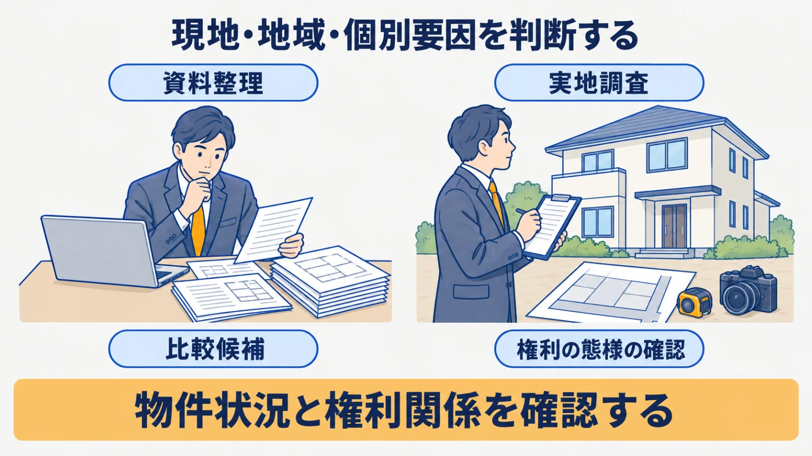 机上の資料整理と現地・権利関係の確認を分ける役割図