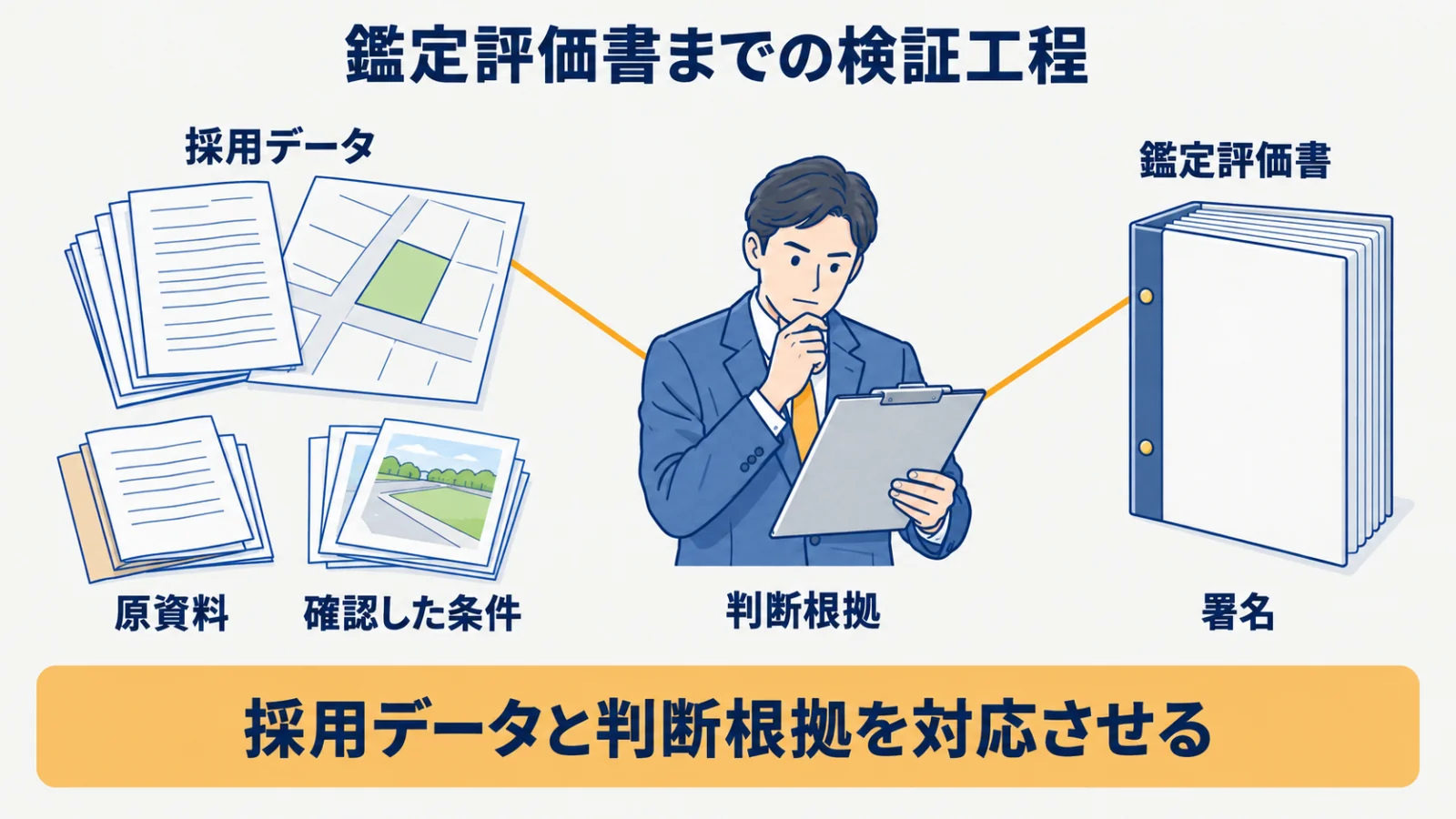採用資料・判断理由・鑑定評価書の記載を対応させる図
