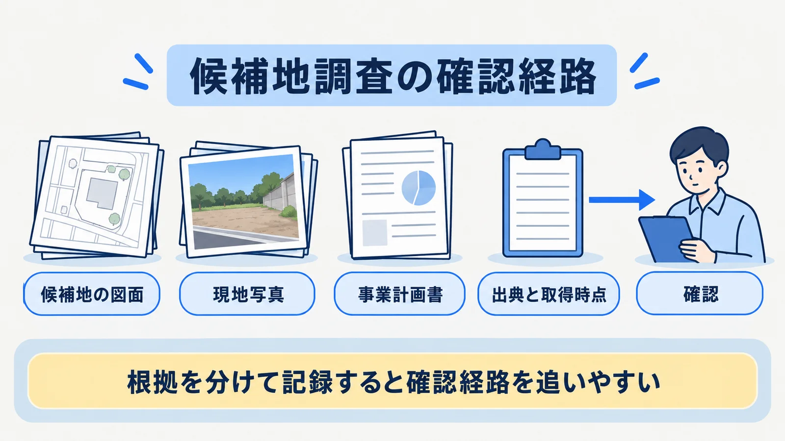 候補地の図面と現地写真を出典、取得時点、確認へつなぐフロー