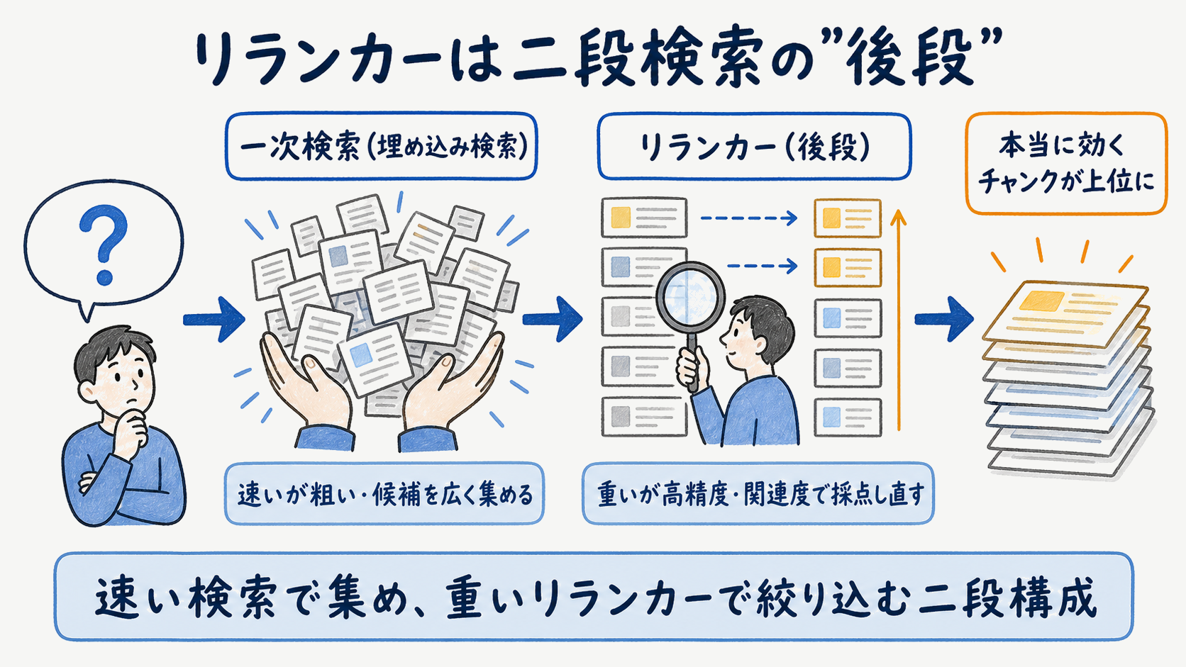リランカーとbi-encoder/cross-encoderの役割分担を示す二段検索の図