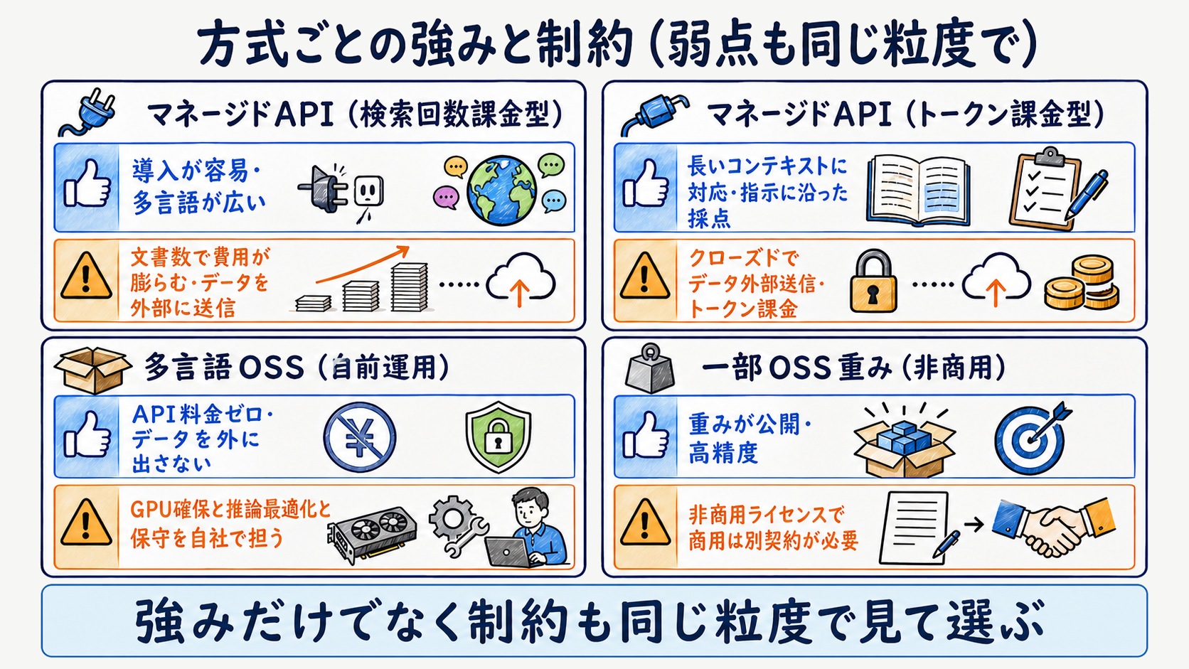 Cohere・Voyage・Jina・BGEの特徴と制約を同粒度で並べた比較図