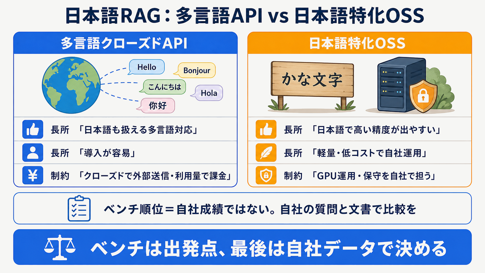 日本語RAGでのクローズドAPIと日本語特化OSSの選び分けを示す図