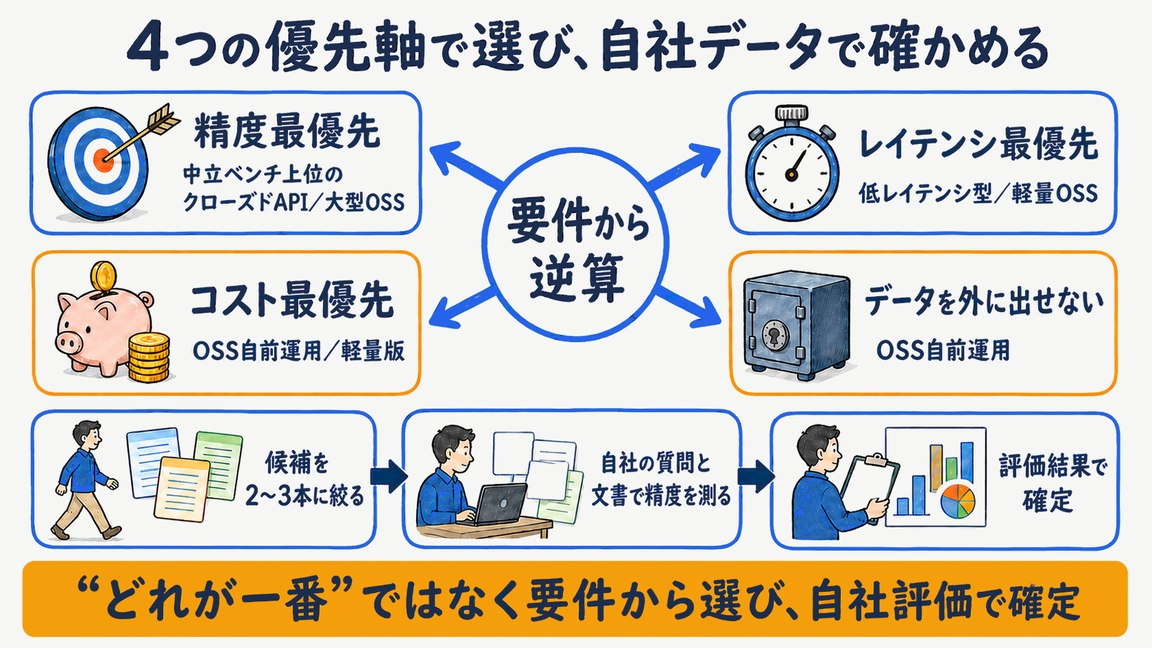 精度・レイテンシ・コスト・データ保持の4軸でリランカーを選ぶ意思決定図