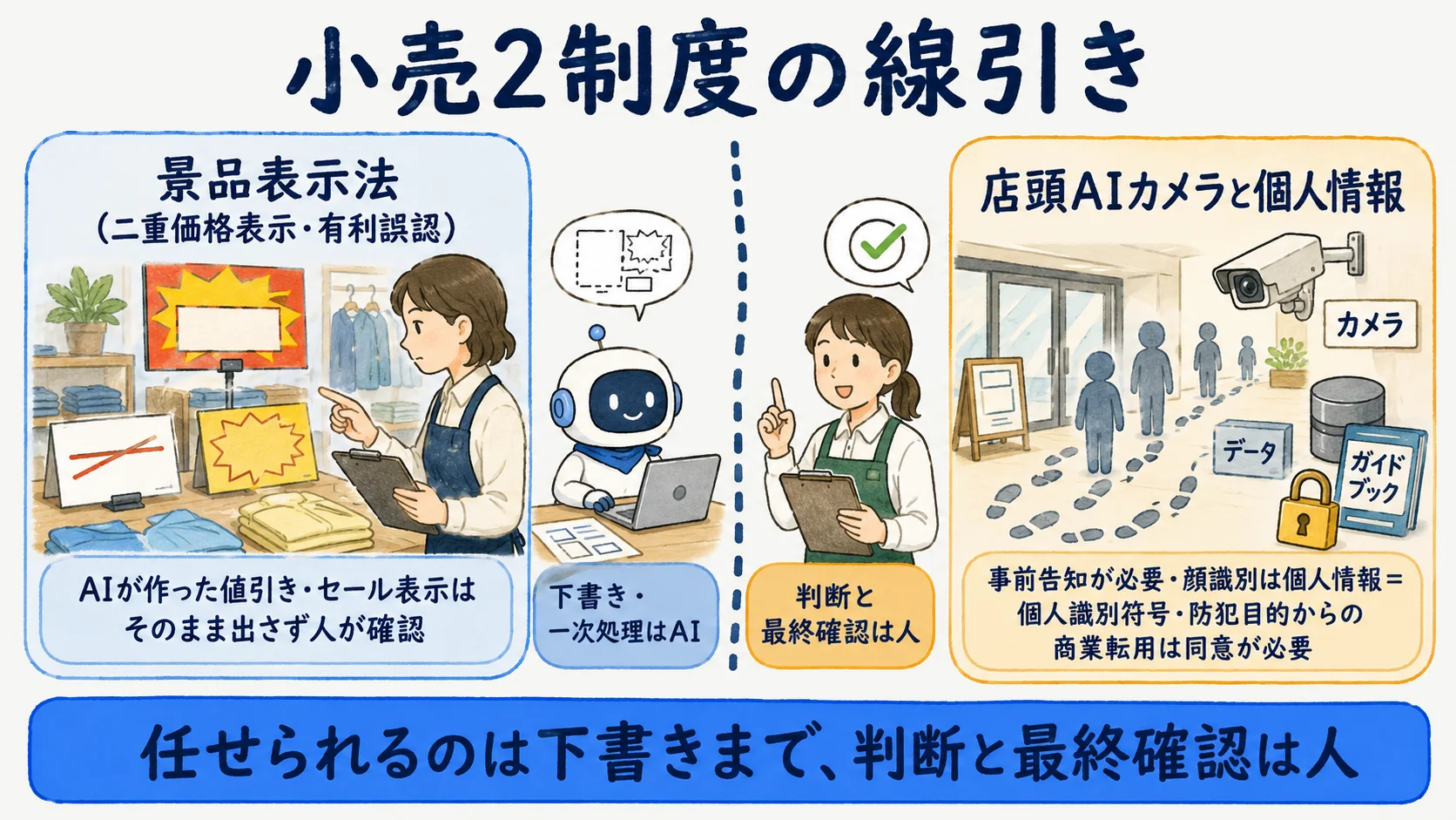 小売2制度の線引き：販促・値引き表示は景表法の二重価格表示・有利誤認、店頭AIカメラは個人情報（事前告知・顔識別・防犯目的からの商業転用は同意）という関係を整理した図