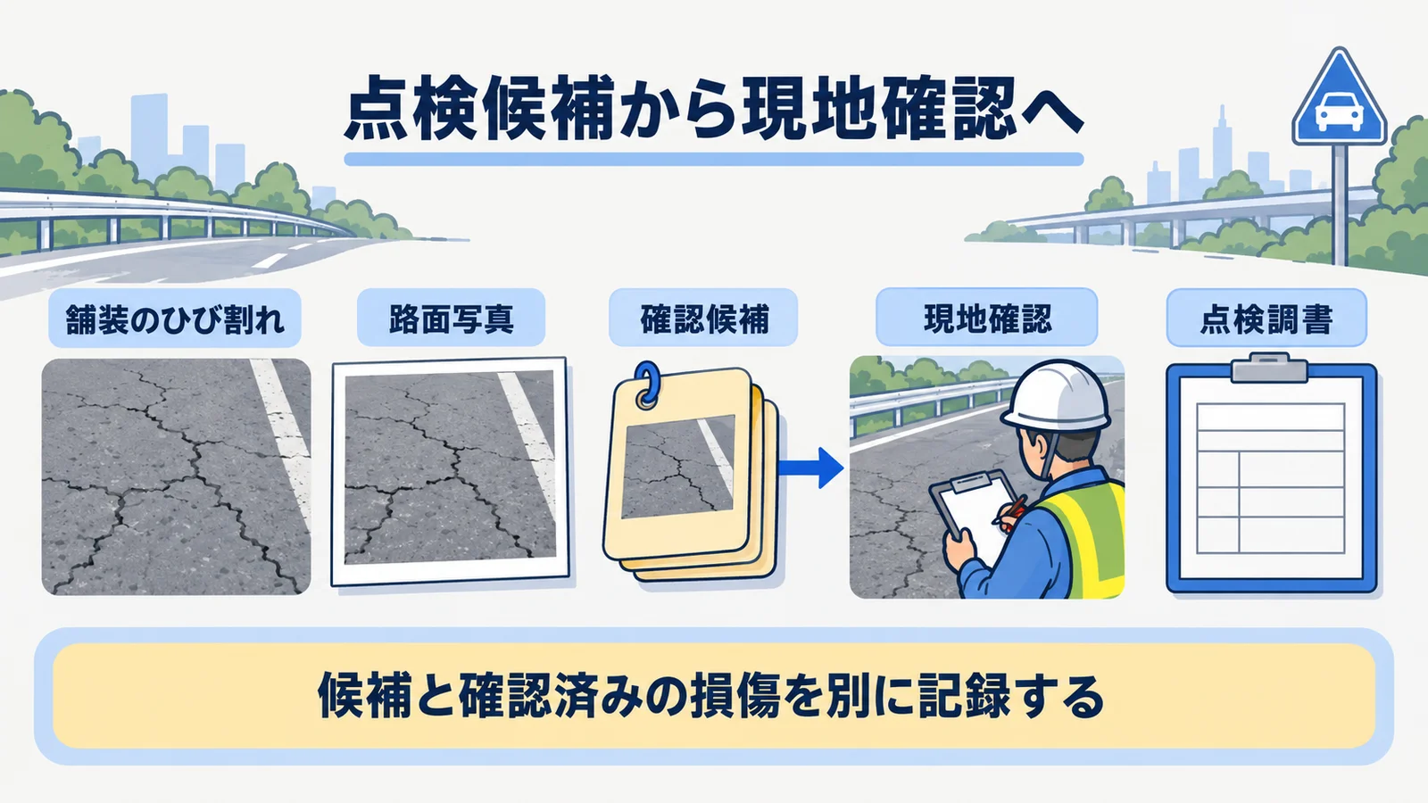 舗装のひび割れの候補から現地確認、点検調書へ進む流れ