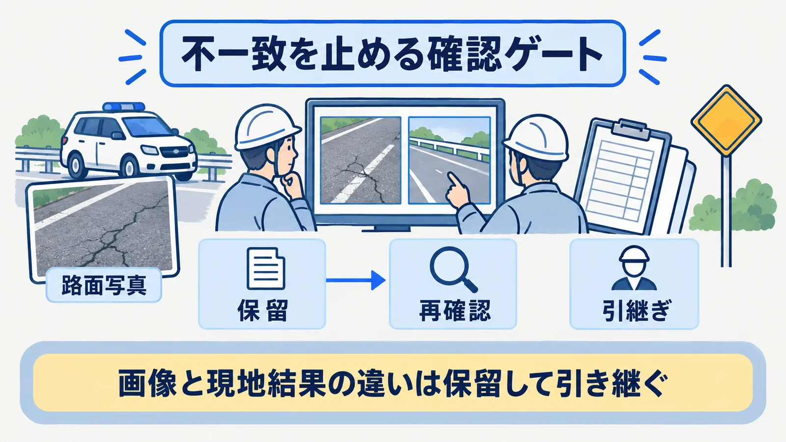路面写真と現地確認の差を保留、再確認、引継ぎへ分ける分岐図