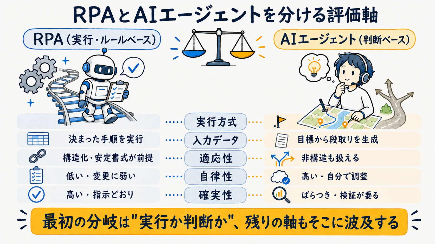 RPAとAIエージェントを分ける5つの評価軸：実行方式・入力データ・適応性・自律性・確実性